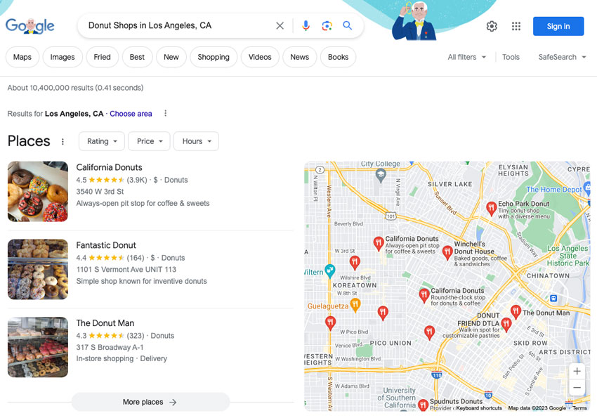 Snapshot of donut shops in Los Angeles, CA, in Google search results.