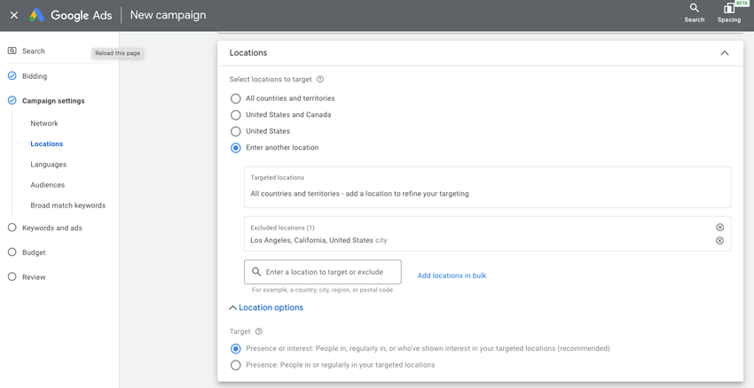 Google Ads location targeting to exclude
