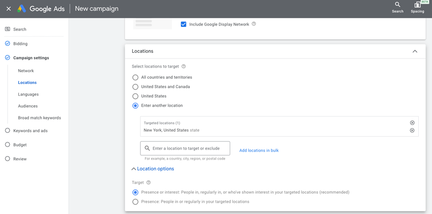 Google Ads location targeting to include