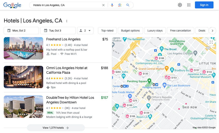 Snapshot of hotels in Los Angeles, CA, in Google search results.