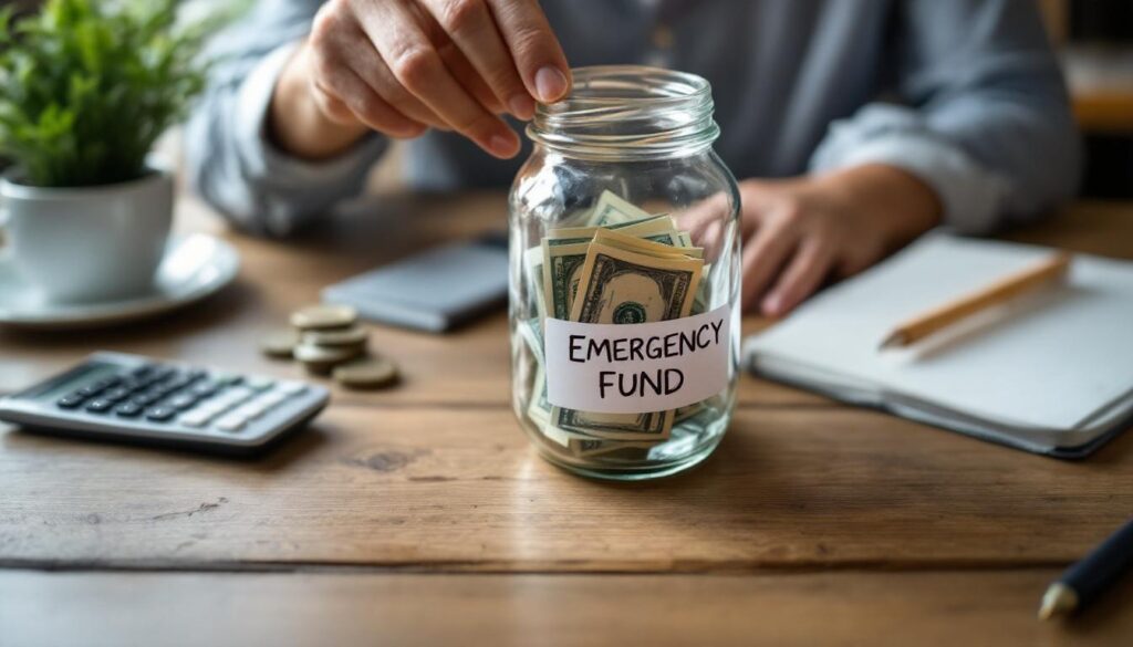 A photograph of a person thoughtfully placing money into a clear jar labeled "emergency fund