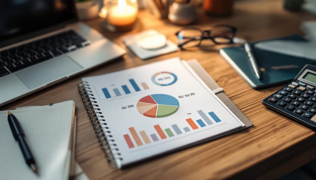 A photograph of a well-organized workspace featuring a budget planner