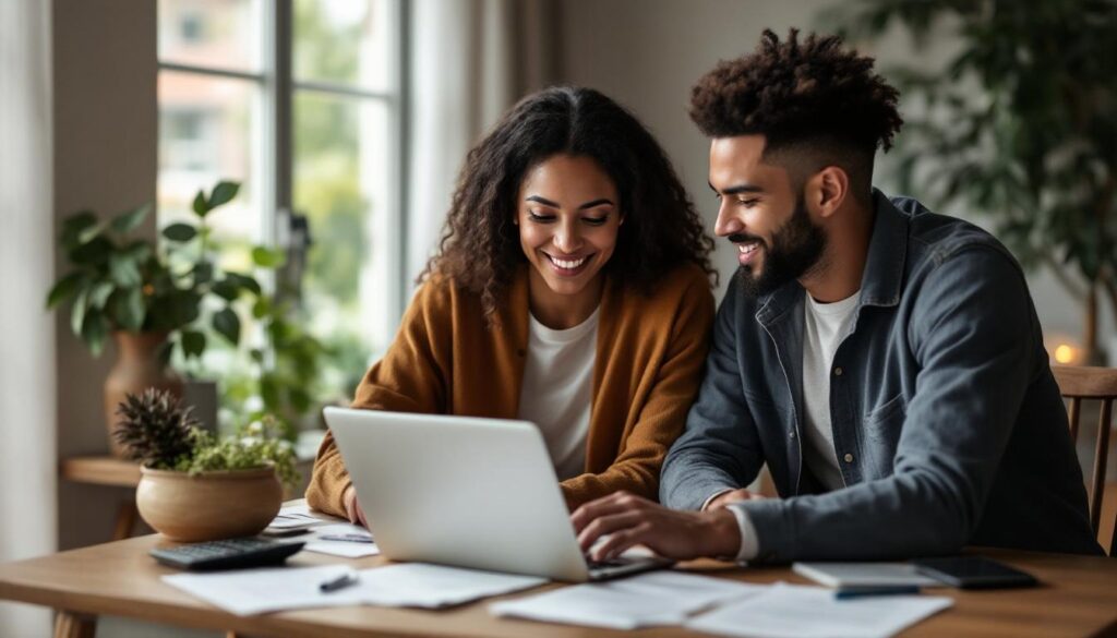 A photograph of a diverse couple sitting together at a cozy dining table