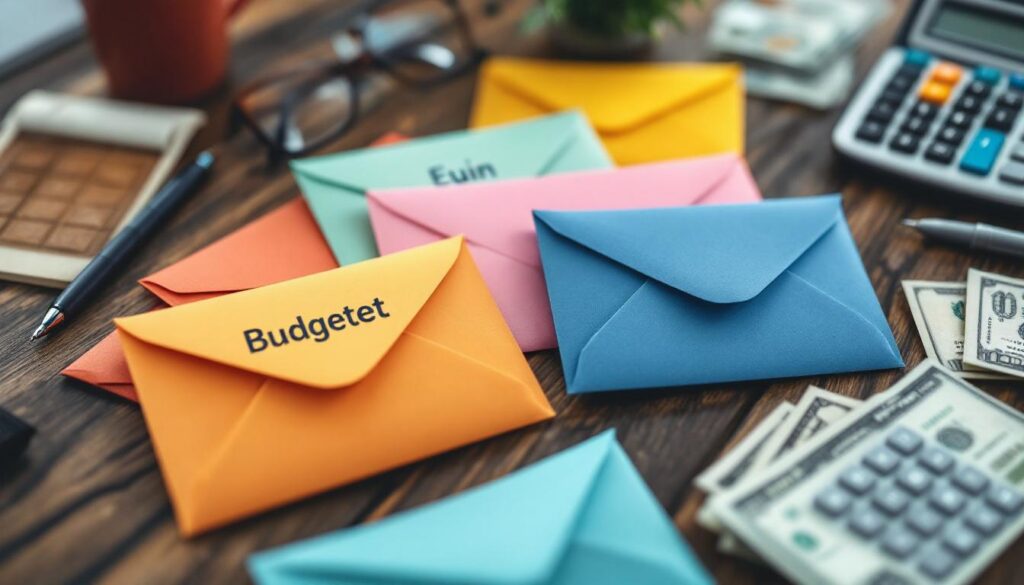 A photograph of a neatly organized set of colorful envelopes labeled with different budgeting categories