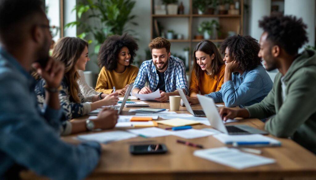 A photograph of a diverse group of young adults engaged in a discussion around a table