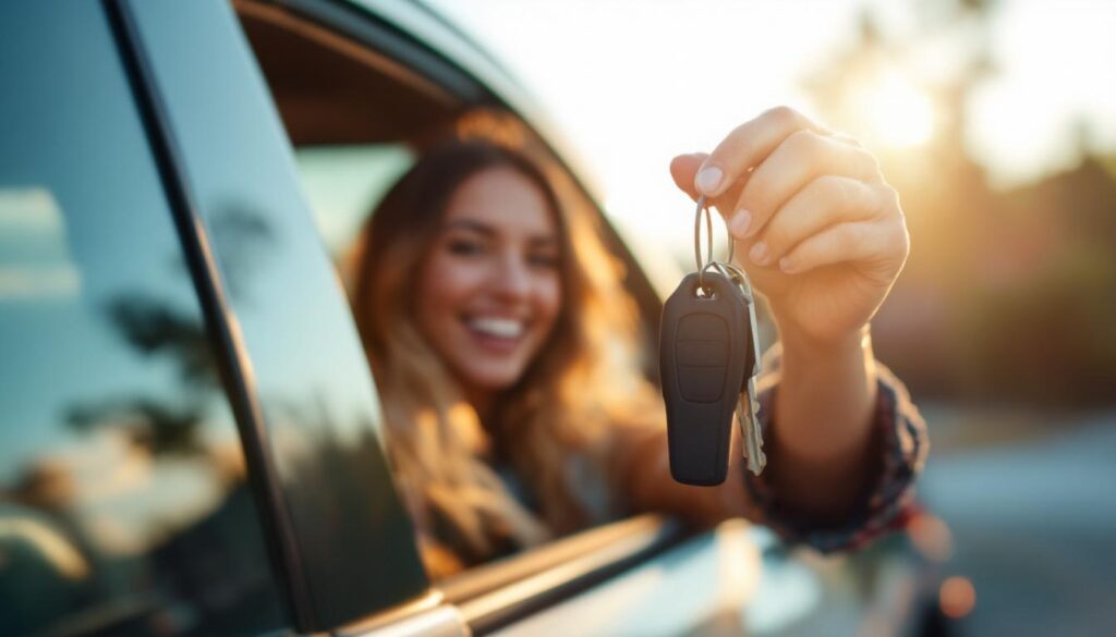 A photograph of a person joyfully holding a set of car keys outside their vehicle
