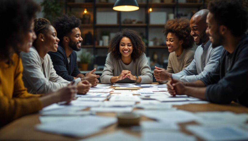 A photograph of a diverse group of individuals engaged in a discussion around a table