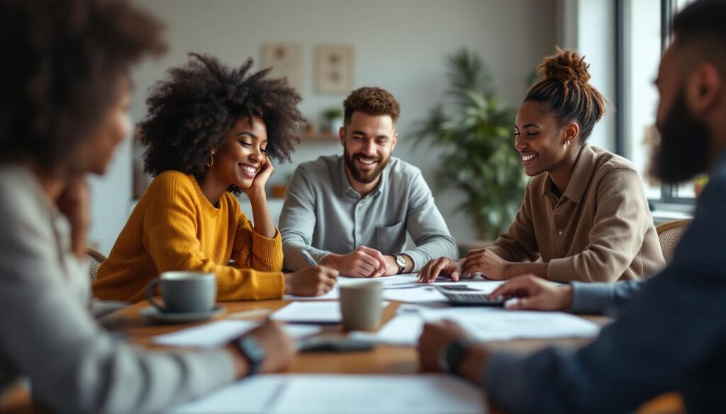 A photograph of a diverse group of individuals sitting at a table