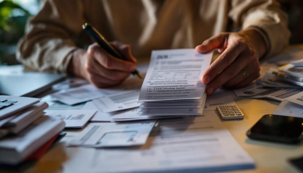 A photograph of a person thoughtfully reviewing their financial documents at a desk