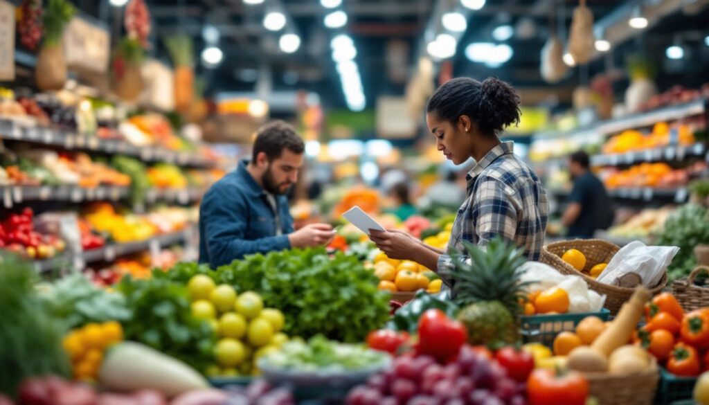 A photograph of a vibrant and well-organized grocery shopping scene