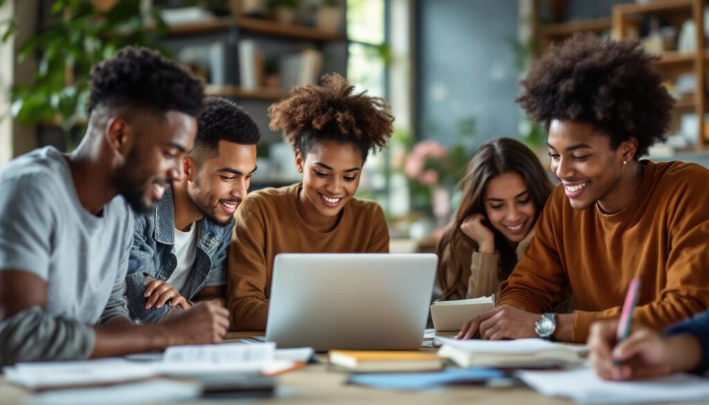A photograph of a diverse group of students engaged in a study session