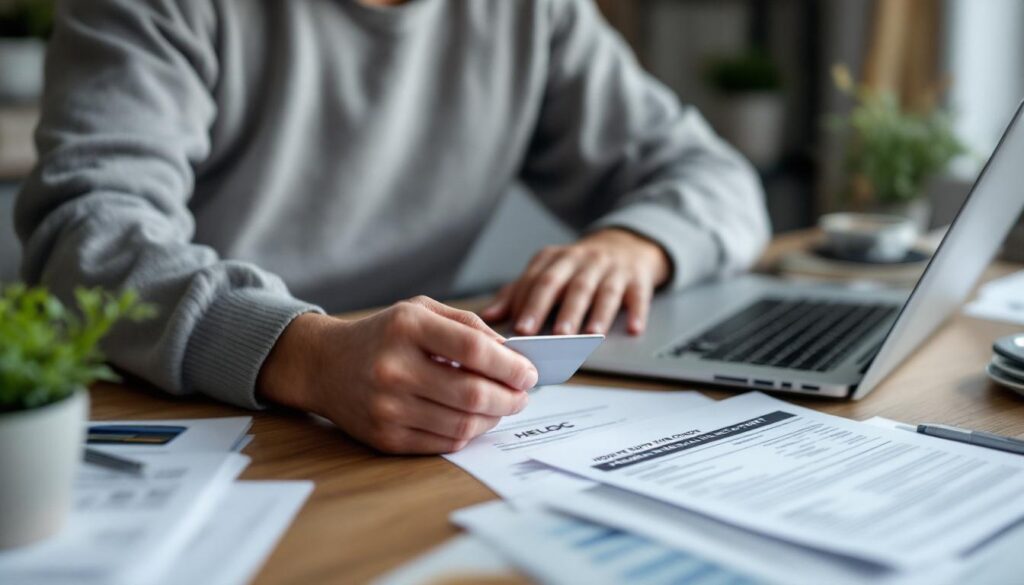 A photograph of a person thoughtfully reviewing their finances at a kitchen table