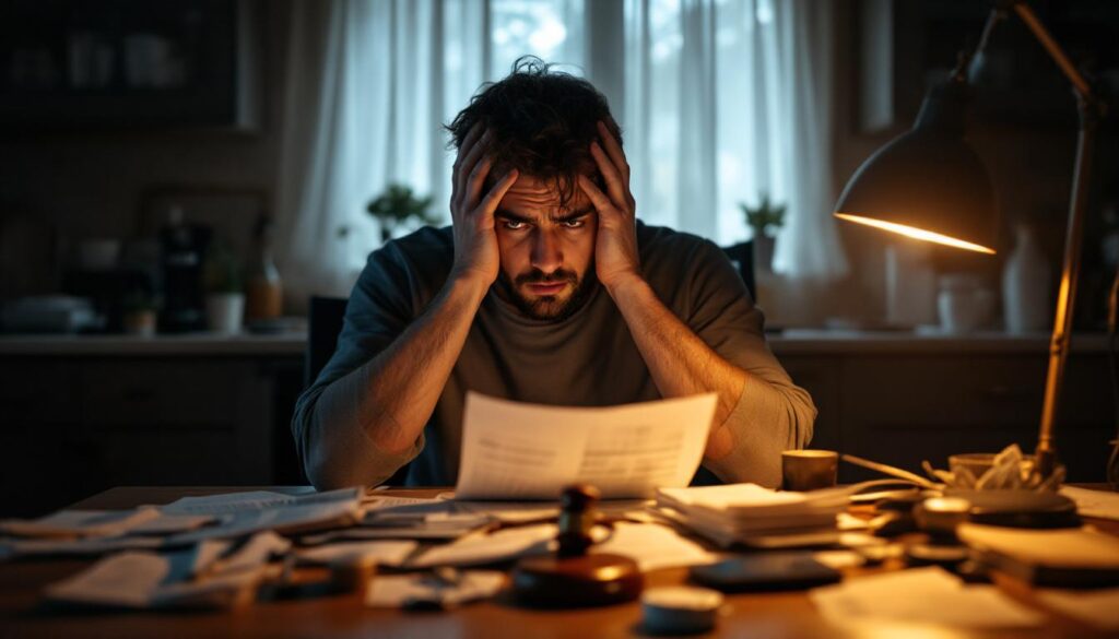 A photograph of a concerned individual reviewing their finances at a cluttered kitchen table