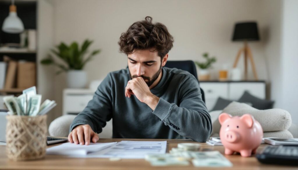 A photograph of a person thoughtfully reviewing their finances at a cozy desk
