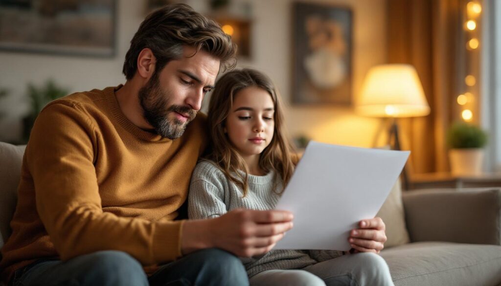 A photograph of a thoughtful individual or family reviewing their financial documents in a cozy home setting