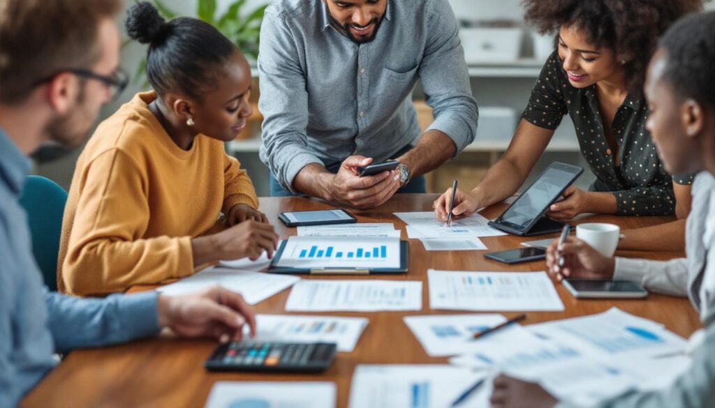 A photograph of a diverse group of people discussing health insurance options at a table