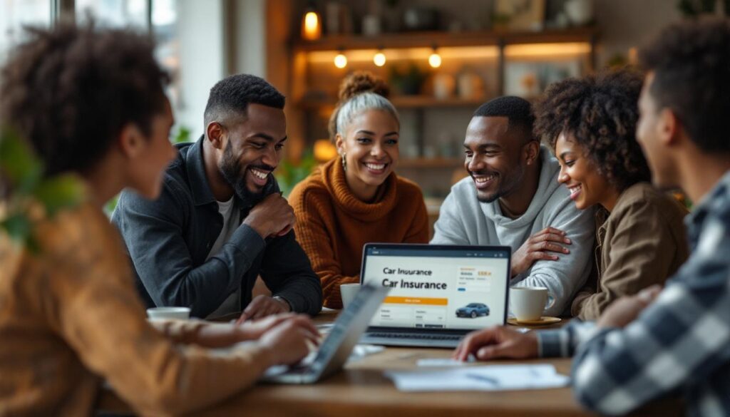 A photograph of a diverse group of people discussing car insurance options at a cozy café