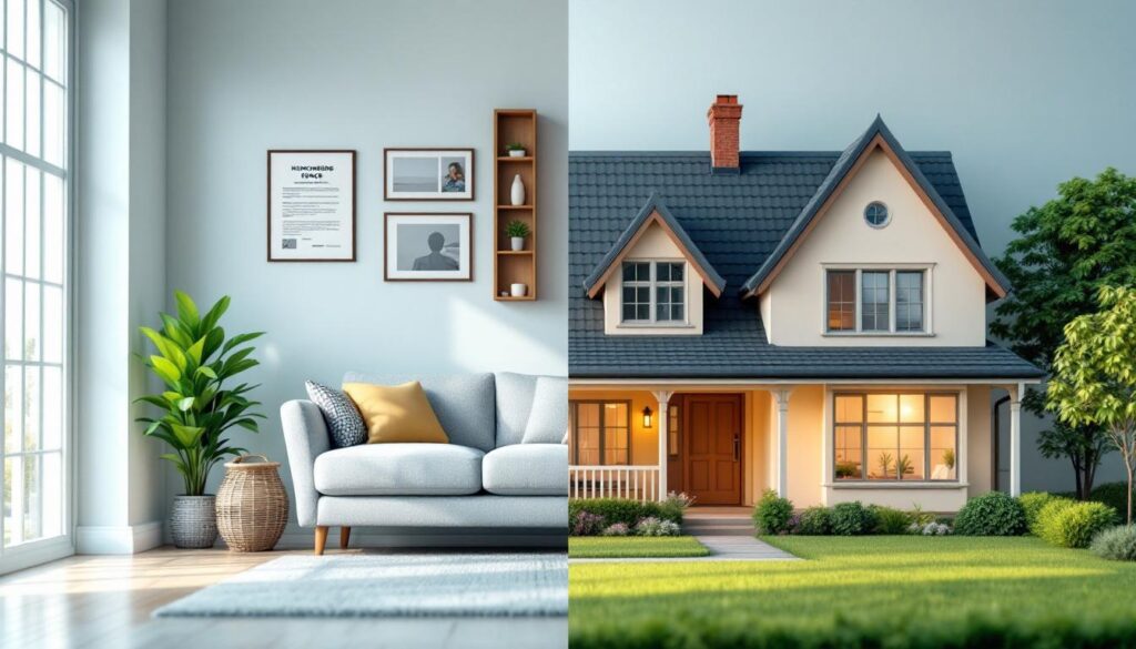 A photograph of a split scene showing a cozy rental apartment on one side and a charming suburban home on the other