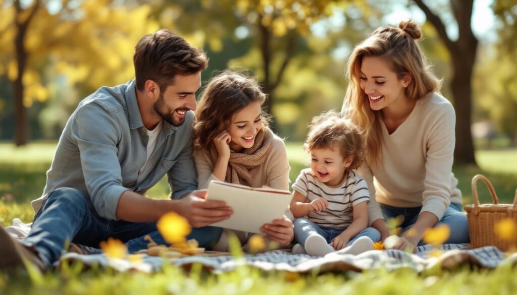 A photograph of a young family enjoying a sunny day in a park