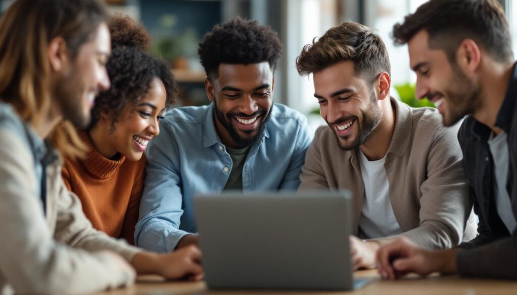 A photograph of a diverse group of young adults engaged in a lively discussion around a laptop or tablet