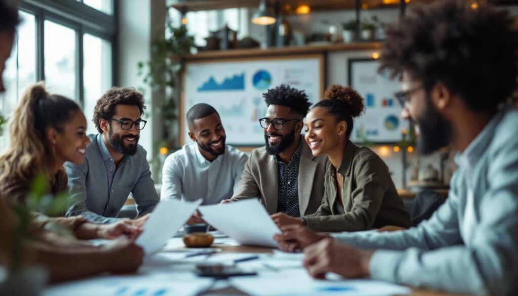 A photograph of a diverse group of individuals engaged in a lively discussion while analyzing financial charts and documents