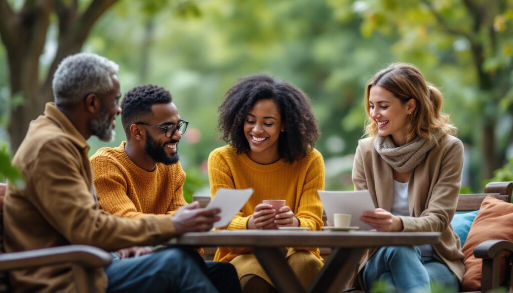 A photograph of a diverse group of people of varying ages and backgrounds engaged in a relaxed setting