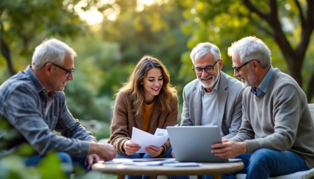 A photograph of a serene outdoor setting where a diverse group of people