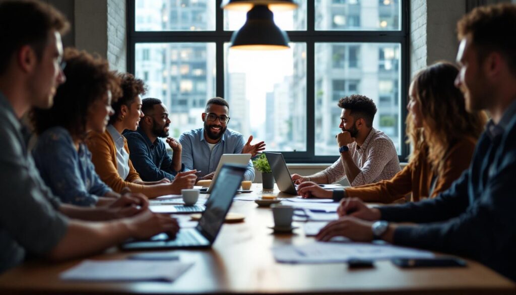 A photograph of a diverse group of people engaged in a lively discussion around a table
