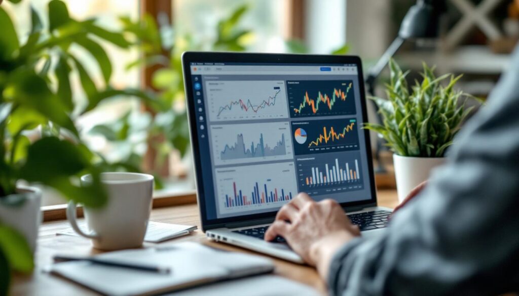 A photograph of a serene home office setting with a person reviewing financial documents and charts on a laptop