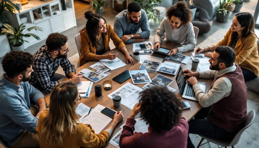A photograph of a diverse group of individuals engaged in a lively discussion around a table filled with real estate brochures and digital devices