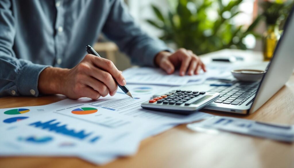 A photograph of a person reviewing financial documents and spreadsheets related to rental properties