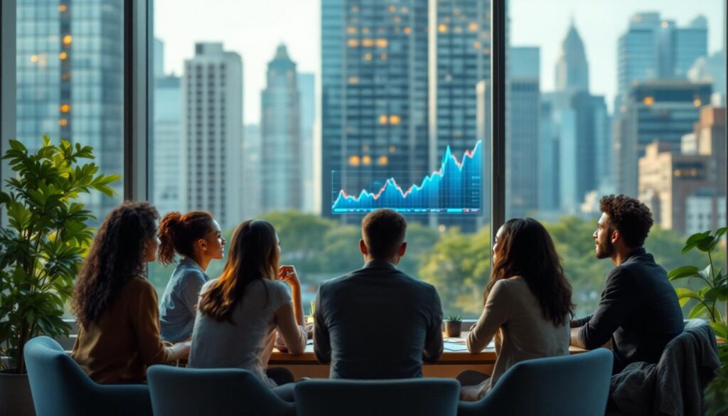 A photograph of a diverse group of people engaged in discussions about real estate investments