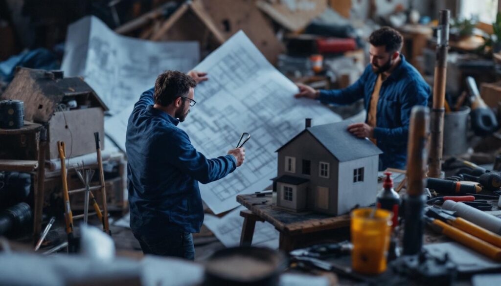 A photograph of a hands-on real estate investor inspecting a distressed property