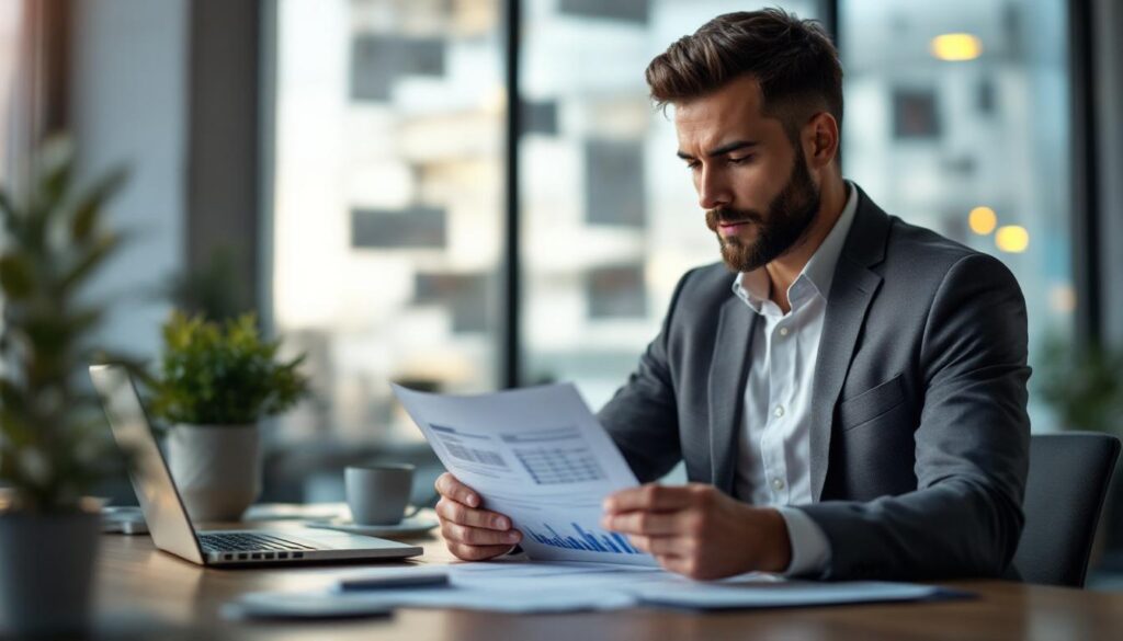 A photograph of a professional-looking real estate investor reviewing property listings and financial documents in a modern office setting