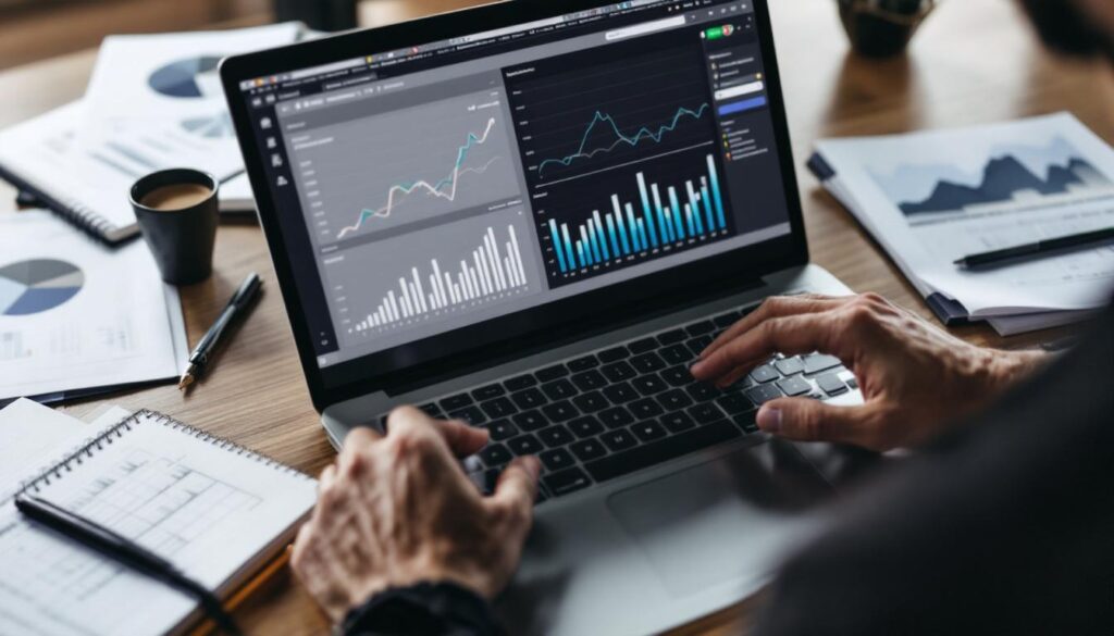A photograph of a person intently analyzing data on a laptop