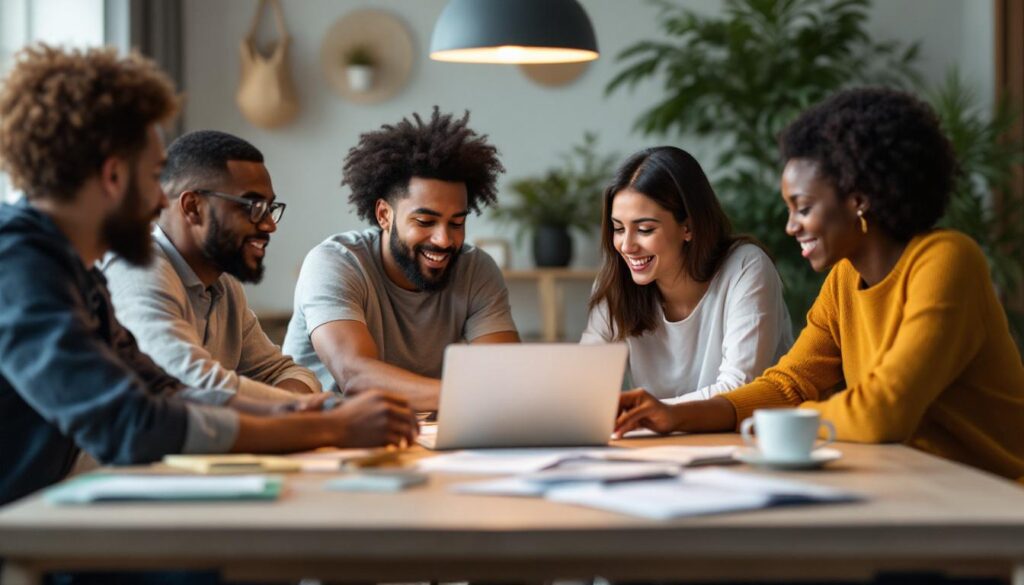 A photograph of a diverse group of individuals engaged in a discussion around a table