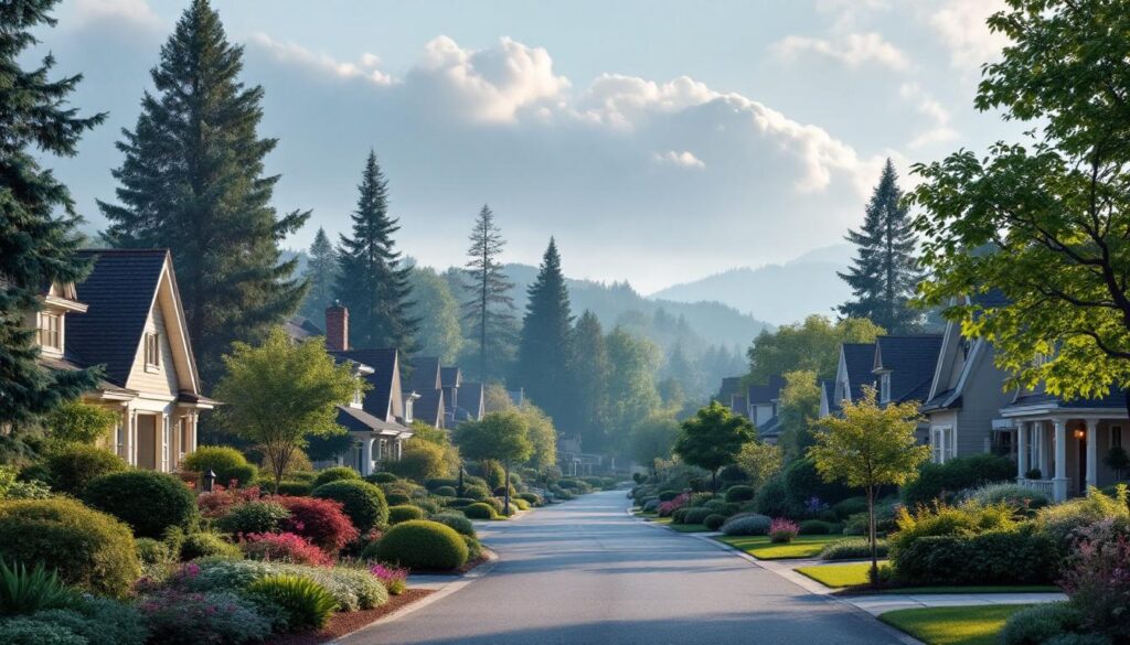 A photograph of a serene suburban neighborhood showcasing a variety of well-maintained homes with lush gardens and trees