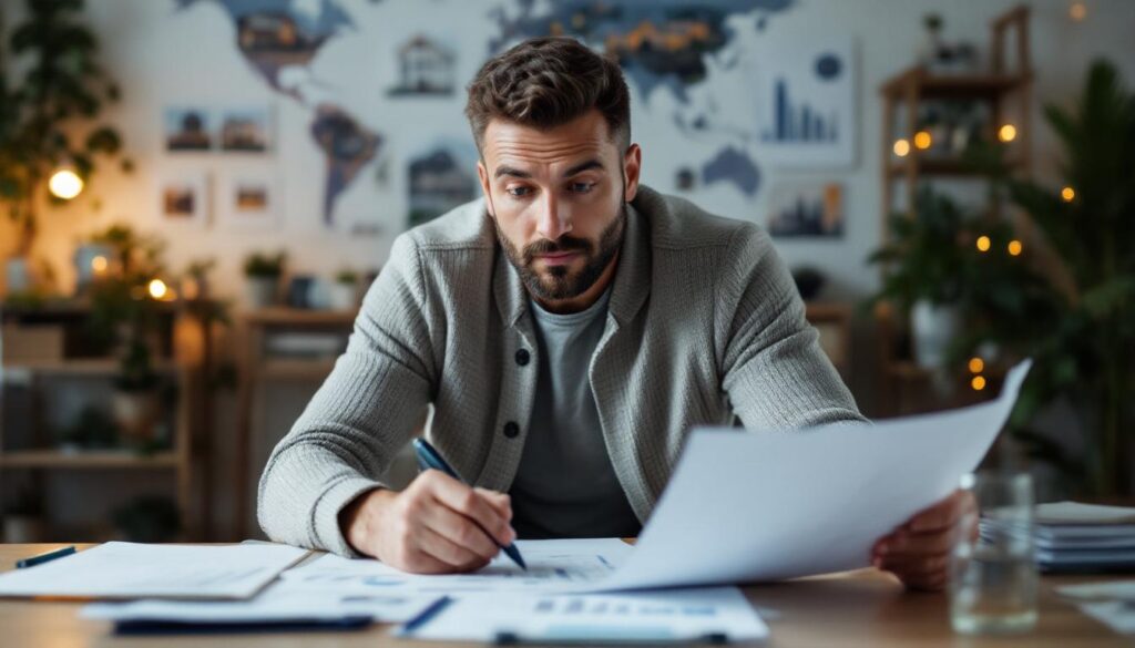 A photograph of a confident real estate investor analyzing property documents and financial charts