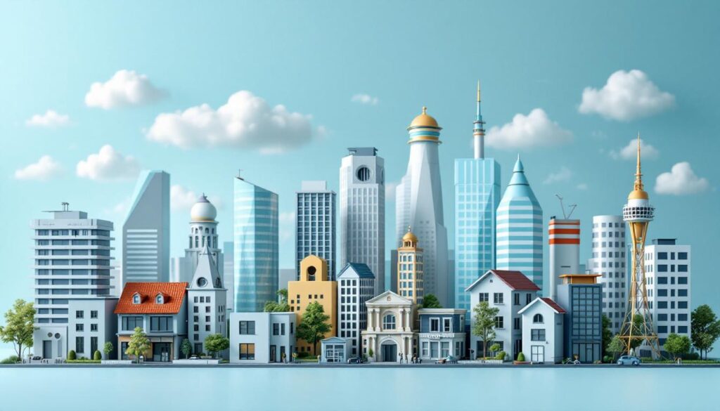 A photograph of a diverse group of real estate properties