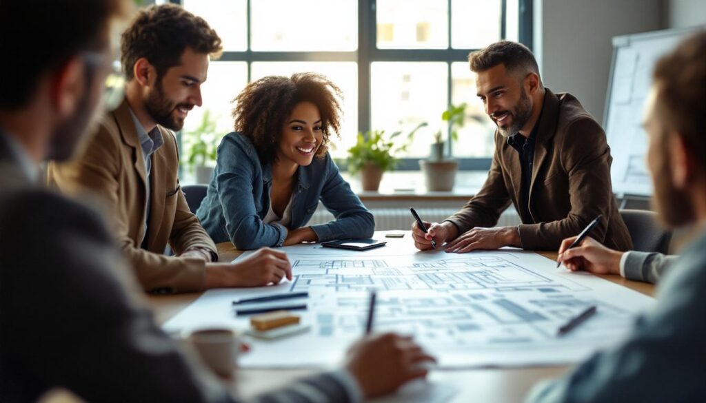 A photograph of a diverse group of professionals engaged in a collaborative discussion around a large property blueprint or real estate investment presentation