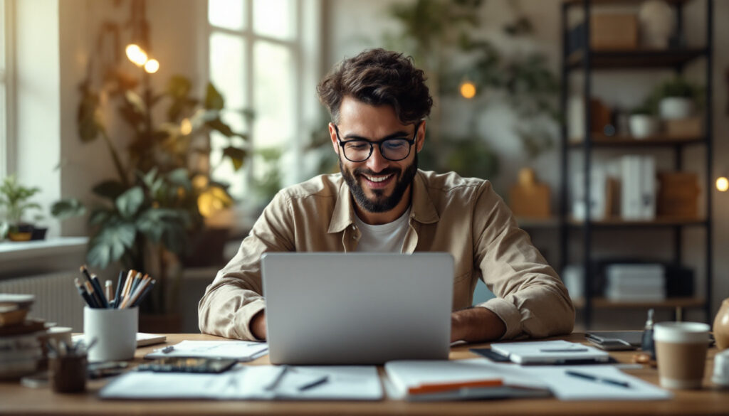 A photograph of a busy professional multitasking between their primary job and engaging in a side hustle