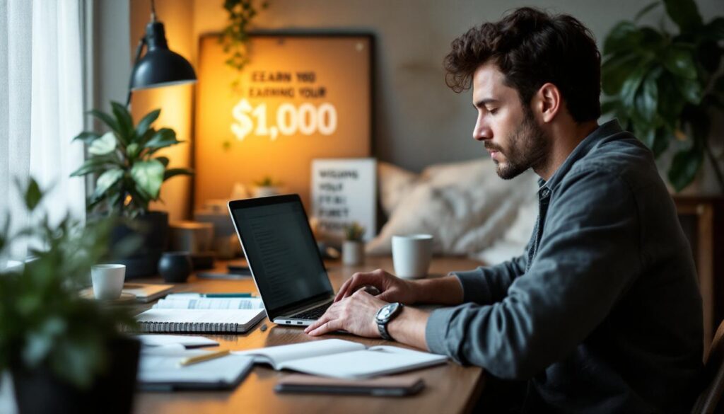 A photograph of a focused freelance writer working at a cozy desk