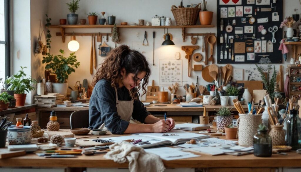 A photograph of a vibrant and inviting workspace featuring a variety of handmade crafts