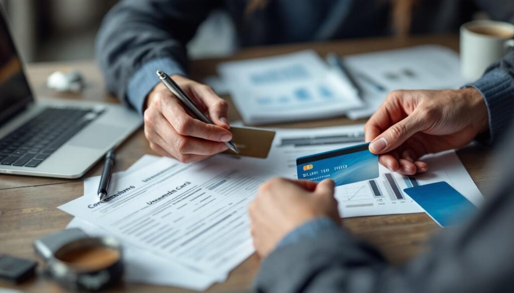 A photograph of a person thoughtfully comparing secured and unsecured credit cards on a table