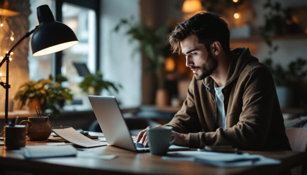 A photograph of a focused entrepreneur working on their laptop in a cozy