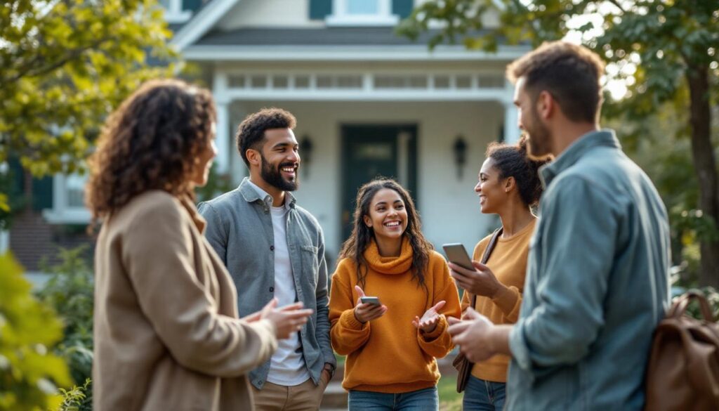 A photograph of a diverse group of hopeful homebuyers engaged in a lively discussion with a real estate agent outside a charming home