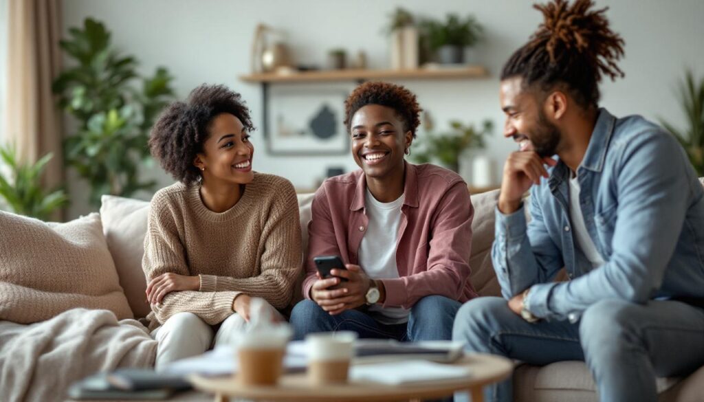 A photograph of a diverse group of hopeful homebuyers engaging with a real estate agent in a cozy