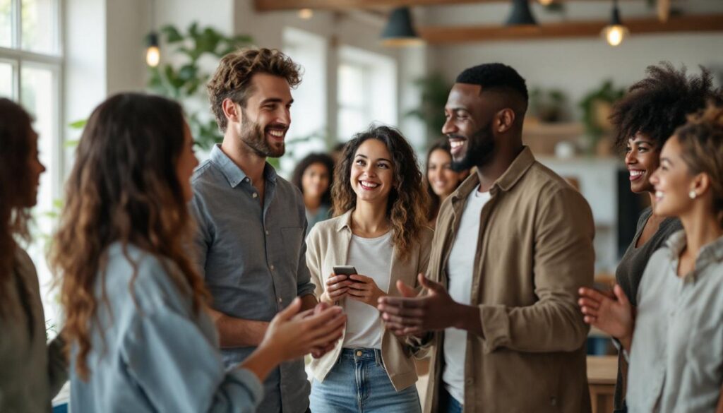 A photograph of a diverse group of hopeful homebuyers engaging with a real estate agent in a bustling open house setting