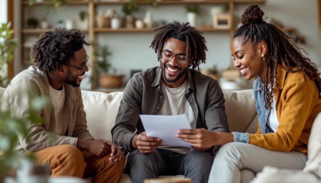 A photograph of a diverse group of hopeful homebuyers engaging with a friendly real estate agent or financial advisor