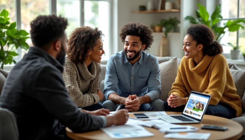 A photograph of a diverse group of first-time homebuyers engaged in a discussion with a real estate agent in a cozy
